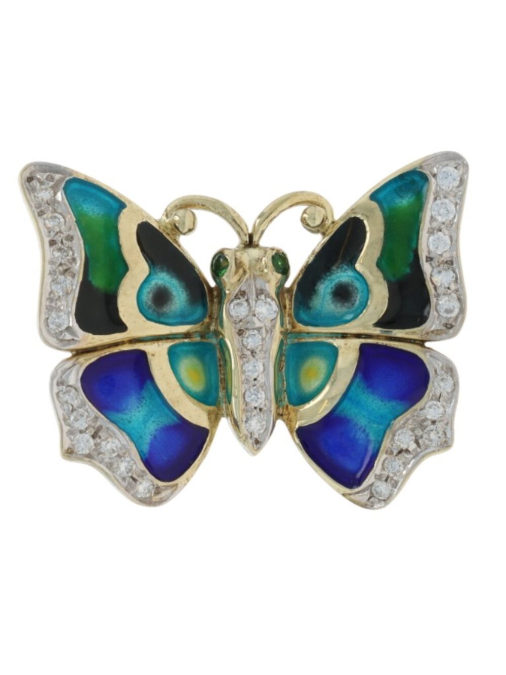 Yellow Gold Diamond Enamel Butterfly Brooch - 14k Round .30ctw Nature Pin